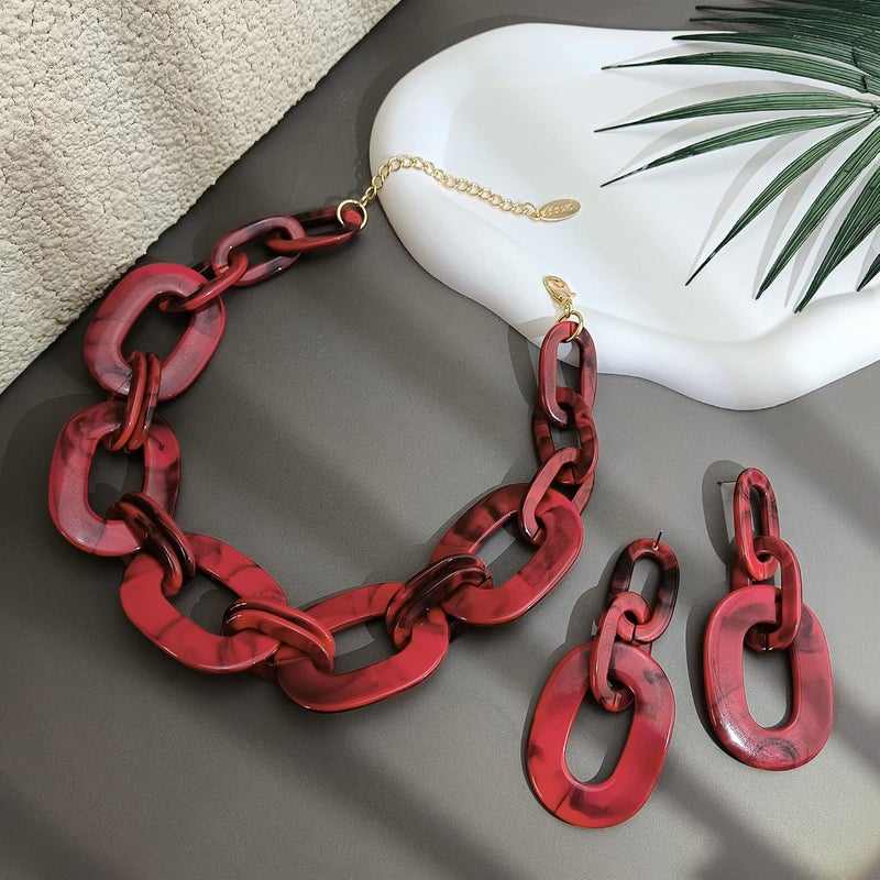 Bocar Acrylic Chunky Statement Necklace for Women Cube Link Chain Collar Necklace and Hoop Earrings Costome Jewelry Set - Image 2